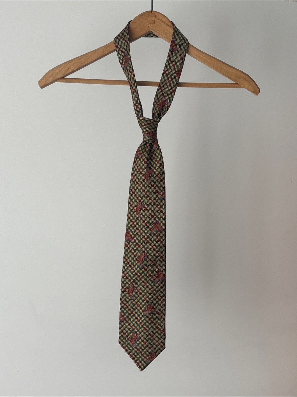 Vintage Old River 100% Silk Tie – Burgundy Green Houndstooth Floral Jacquard